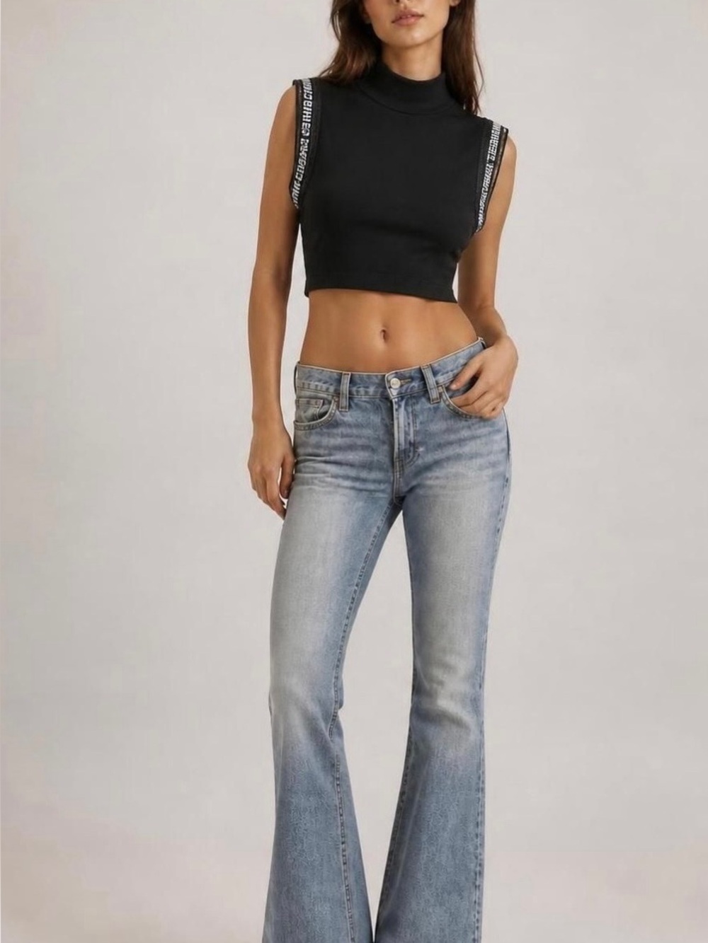 Opening Ceremony Black Sleeveless Mock Neck Crop Top with Logo Tape